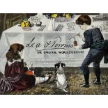 Lea & Perrins Advertising Colour Print depicting two children painting the white table cloth, nicely