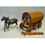 Ceramic Shire Horse and Large Romany Wooden Cart the grey horse measures 28x34cm, the cart
