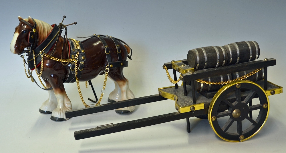 Ceramic Shire Horse and Wooden Cart the brown horse measures 24x30cm the cart with barrels, measures - Image 2 of 2