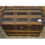 Mid 20th Century Travel Trunk wooden with a bowed top with lath and metal fittings, 27"x 17" x21",