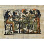 Interesting Egyptian Print - appears on 'papyrus', with scenes of females offering gift, measures