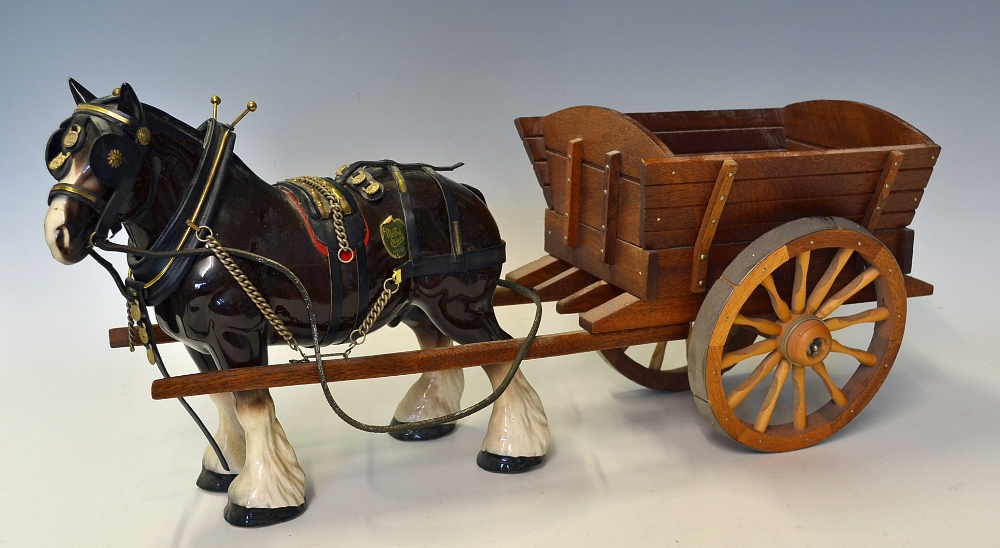 Melba Ware Shire Horse and Wooden Cart the brown shire horse measures 30x33cm, the wooden cart