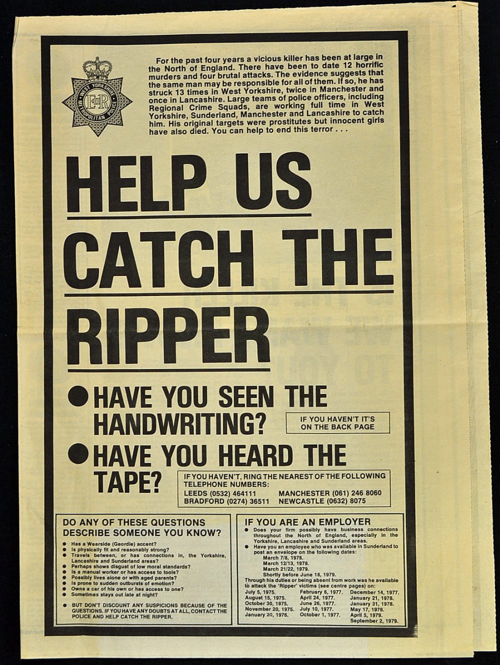 1980 Jack The Ripper - 'Help Us Catch The Ripper' Police Advert - published by the West Yorkshire