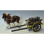 Ceramic Shire Horse and Wooden Cart the brown horse measures 24x30cm the cart with barrels, measures