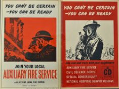 Original 'Civil Defence Corps' Posters for the Auxiliary Fire Service issued by H.M. Government, '