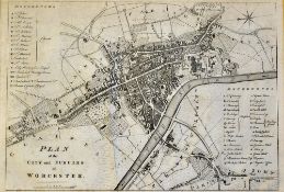 Worcester c.1709 Map depicting a plan of the City and Suburbs of Worcester, appears in good