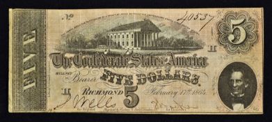 Confederate States of America 1864 $5 Banknote - with view of the Capitol (Confederate States