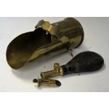 Military/Hunter Powder Flask with original brass scoop, stamped G& J.W. Hawksley, with leather body,