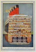 Rare 1924 Cunard 'Aquitania' Fold Out Illustration - contained within gold decorated paper covers,