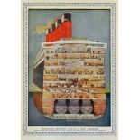 Rare 1924 Cunard 'Aquitania' Fold Out Illustration - contained within gold decorated paper covers,