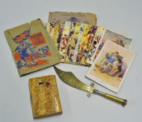 Interesting Wooden Cigarette Case with 1915 Pin badge, together with a sword letter opener with