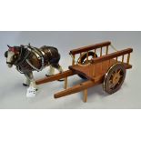 Ceramic Shire Horse and Wooden Cart the brown shire horse measures 23x27cm, the wooden cart 18x45cm