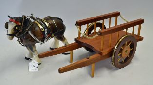 Ceramic Shire Horse and Wooden Cart the brown shire horse measures 23x27cm, the wooden cart 18x45cm