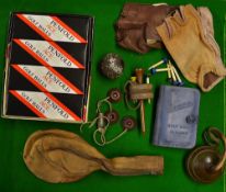 Collection of golf balls and early patent tees to incl well used guttie golf ball, J B Halley London