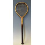 Interesting Small Round Head Wooden Racket a long thin handled racket with leather butt cap,