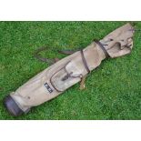 Good canvas and leather golf bag complete with travel hood pocket and shoulder strap