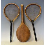Pair of c.1850 French Play Wooden Rackets with early looped stringing handles and wedges are covered