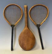 Pair of c.1850 French Play Wooden Rackets with early looped stringing handles and wedges are covered