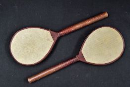 Pair of small Battledores/ Ping Pong bats both with vellum panels, overall 13.5 x 5" (G)