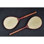 Pair of small Battledores/ Ping Pong bats both with vellum panels, overall 13.5 x 5" (G)