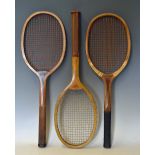 Selection of Wooden Tennis Rackets to include a Perry & Co 'Wimbledon' with a regular handle covered