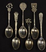 6 early 20th-century silver golf decorative teaspoons - 3x with golf club stems and decorative