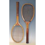 Geo. Bussey 'Double 4 Main' Wooden Tennis Racket with a regular handle and leather butt cap, thick