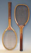 Geo. Bussey 'Double 4 Main' Wooden Tennis Racket with a regular handle and leather butt cap, thick