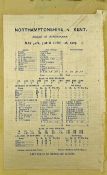 1907 Northamptonshire v Kent Silk Cricket Scorecard played at Northampton 31/30 & 1 June 1907,