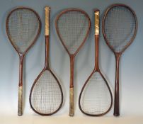 Set of Early 20th Century Wooden Badminton Rackets to include four similar rackets, all marked '