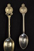 2x Royal Calcutta Golf Club silver tea spoons - both with coronet finials