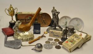 Golfing treasure trove of medals, golfing figures, tees, inkwell, cash dishes and much more