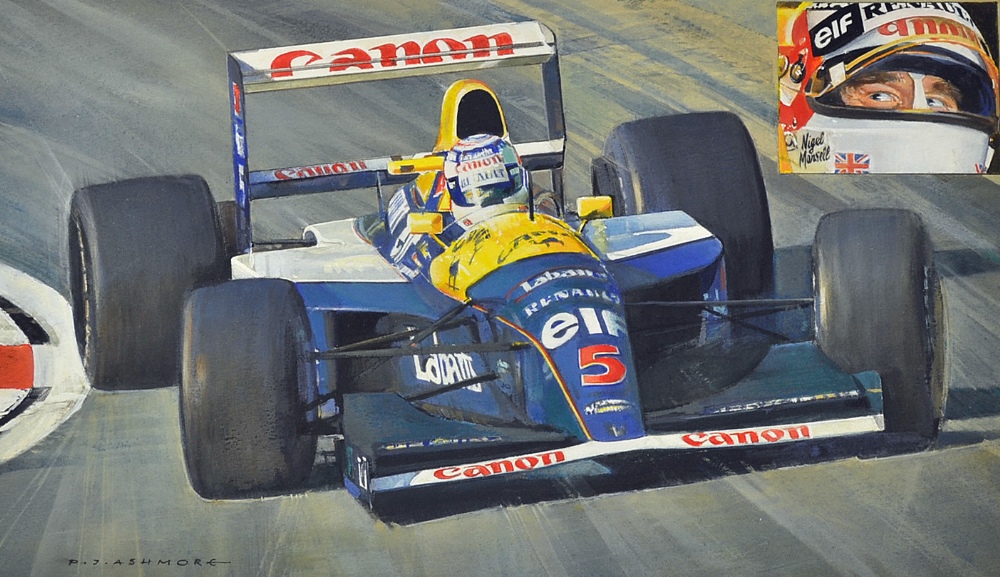 Peter J Ashmore Original Watercolour Painting of Nigel Mansell driving for Williams depicting a