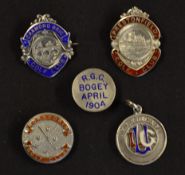 5x decorative Golf Club silver and enamel members badges to incl Prestonfield Golf Club, Cramond