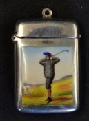 1928 Silver and enamel golfing vesta - enamel golf scene to on panel and the other engraved with