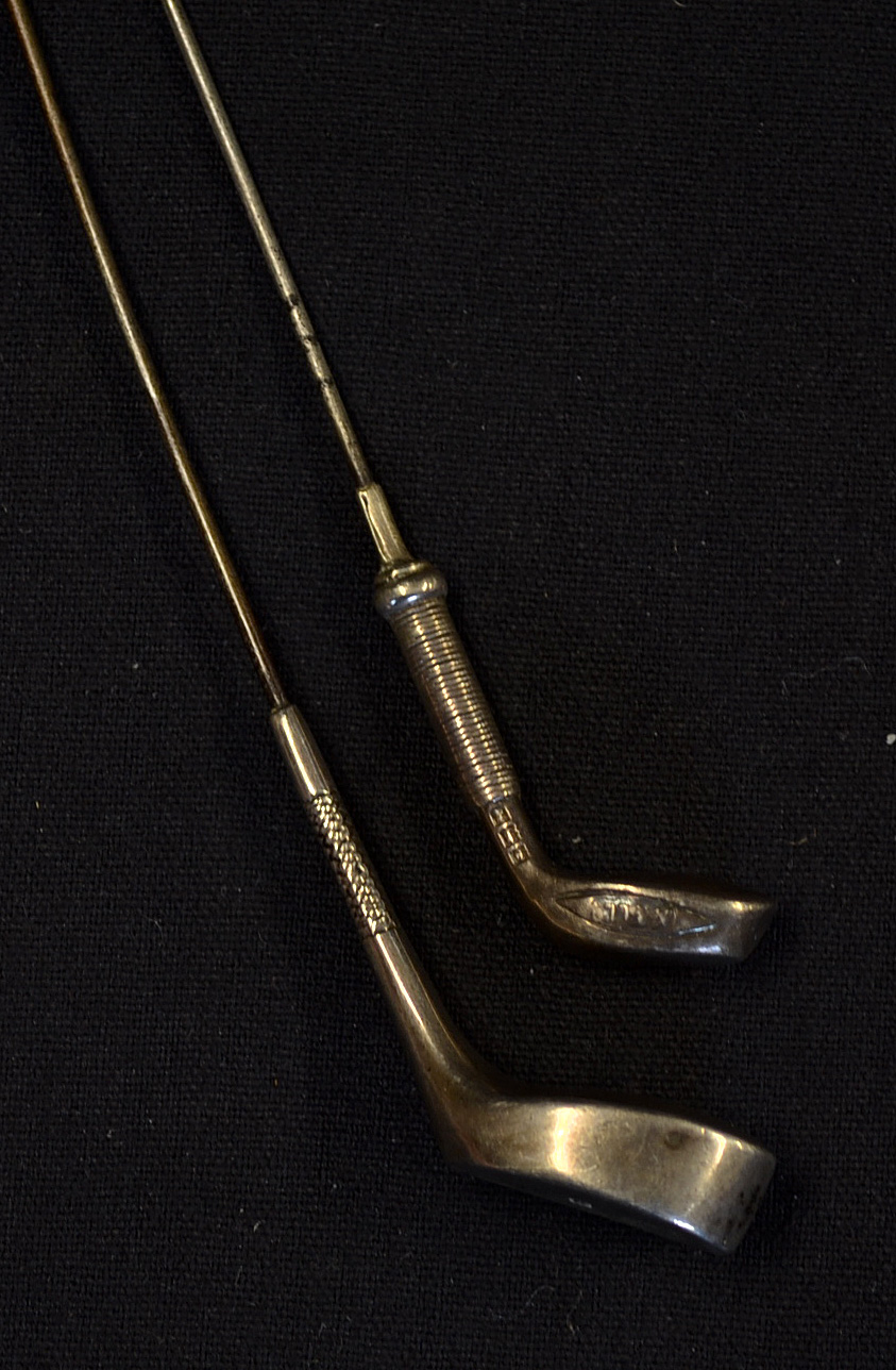 2x silver golf club hat pins early c.20th - overall 11.5"