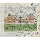 Extensively Signed 'The Lord's Pavilion' Colour Print with 65 signatures featuring Knott, Warne,