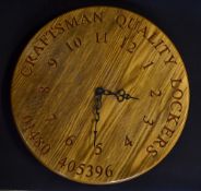 Craftsman Quality Lockers makers light stained wooden wall clock - overall 15.5" dia - ex Brian