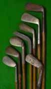 9x interesting golf clubs to incl 2x bright stainless headed irons, a fine m/niblick and mid iron,