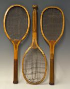 3x Various Wooden Tennis Racket - one a fishtail handles racket with 'Ardeco'? stamped to the convex