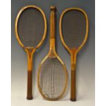 3x Various Wooden Tennis Racket - one a fishtail handles racket with 'Ardeco'? stamped to the convex