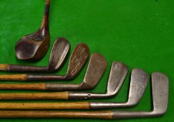 Graded set of 7x hickory golf clubs to incl a Tom Stewart no.1 iron, Maxwell mid iron, mashie, m/