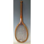 Rare Slazenger 'The Demon' Wooden Tennis Racket with a fishtail handle, model and Demon motif