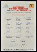 1989 Australia Cricket Tour Signed Team Sheet fully signed includes Border, Waugh, Marsh etc., in