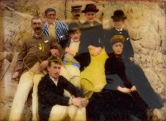 c.1880's Tennis Photograph an early colour photograph laid onto glass, depicting a family scene with