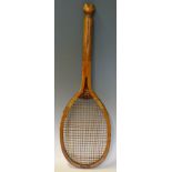 c.1900 Tyldesleys of Manchester Fishtail wooden Tennis Racket with 'Challenge' stamped to top,