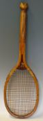 c.1900 Tyldesleys of Manchester Fishtail wooden Tennis Racket with 'Challenge' stamped to top,