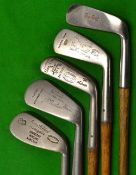 Good composed set of 5 stainless head irons - Nicoll driving iron, Gibson wide sole jigger,
