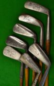7x very playable wide soled irons to incl 3x Maxwells, J.H Taylor autograph jigger et al