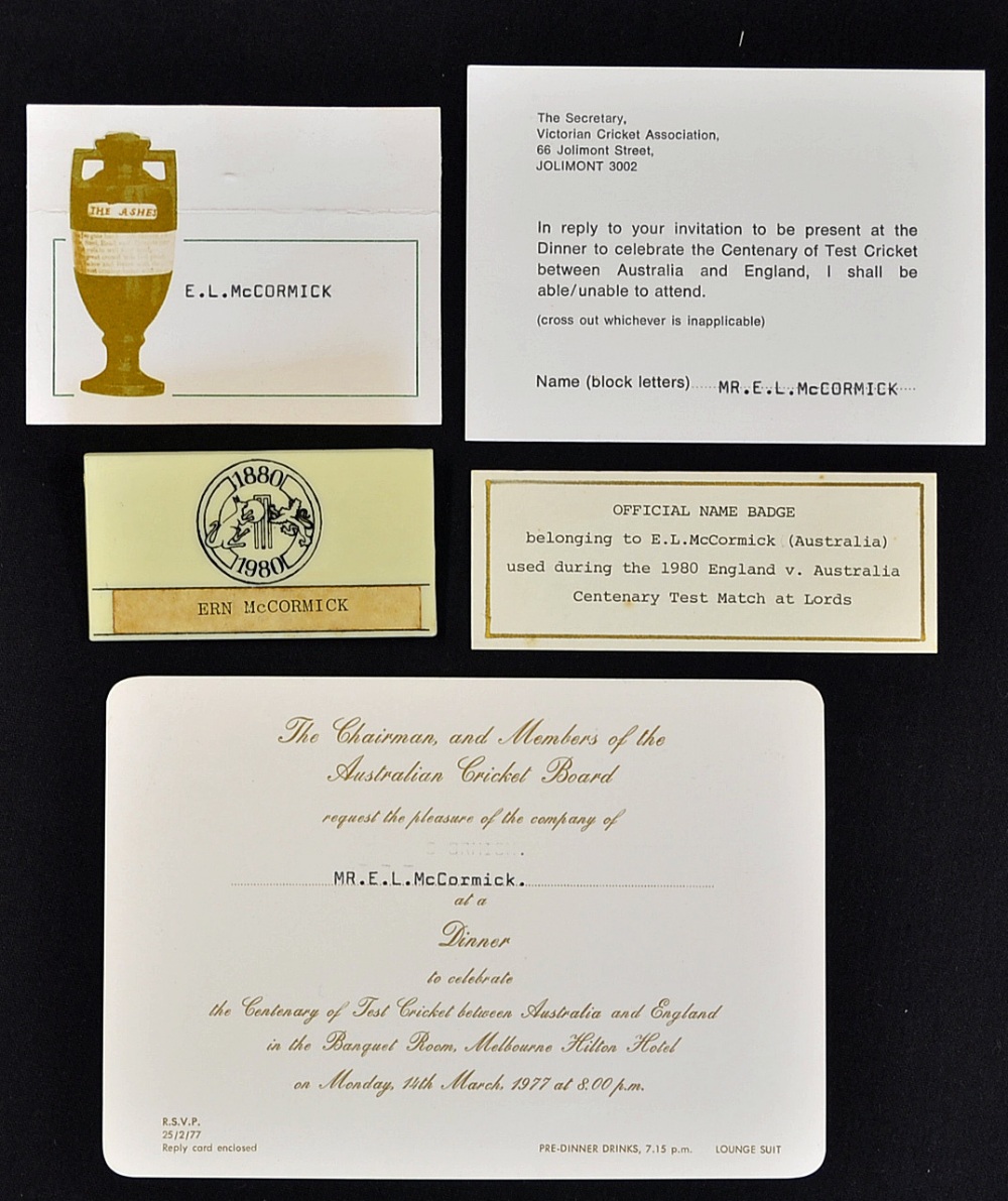 Ern McCormick Cricket Ephemera to include Official Name Badge used during the 1980 England v